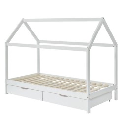 Lit cabane avec tiroirs TINY pin massif blanc  90x190 sommier inclus