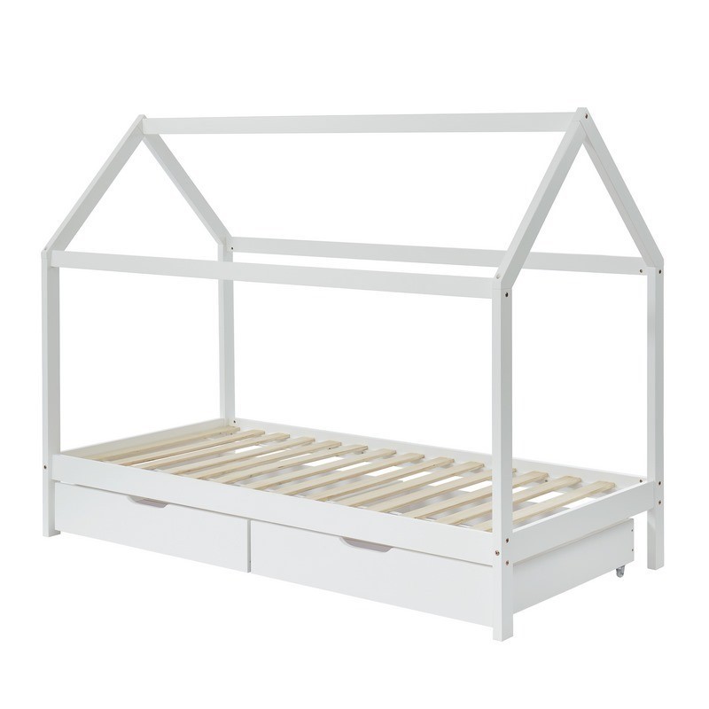Lit cabane avec tiroirs TINY pin massif blanc  90x190 sommier inclus