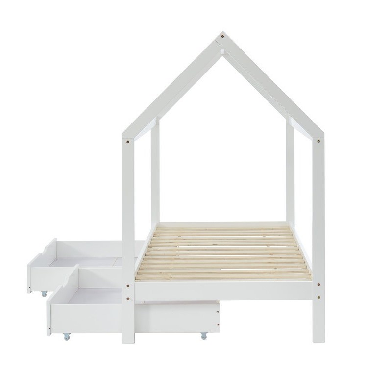 Lit cabane avec tiroirs TINY pin massif blanc  90x190 sommier inclus