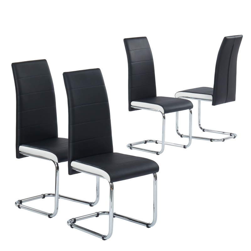 Lot de 4 chaises rembourrées MARA - simili noir et blanc - pieds en métal chromé