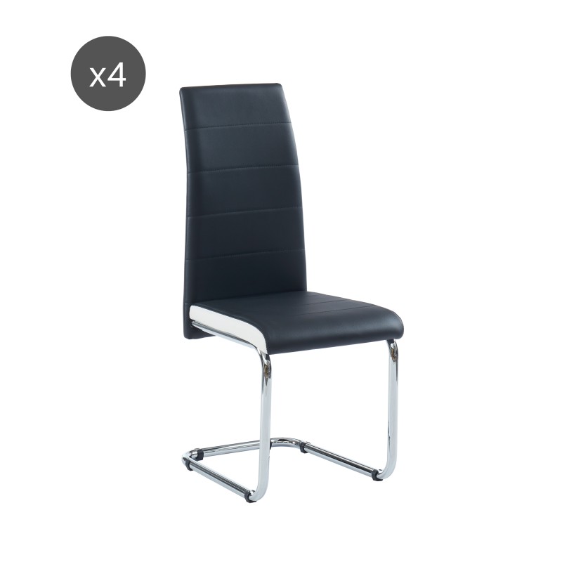 Lot de 4 chaises rembourrées MARA - simili noir et blanc - pieds en métal chromé