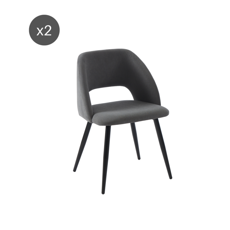 Lot de 2 chaises VINTAGE velours côtelé gris pieds métal noir