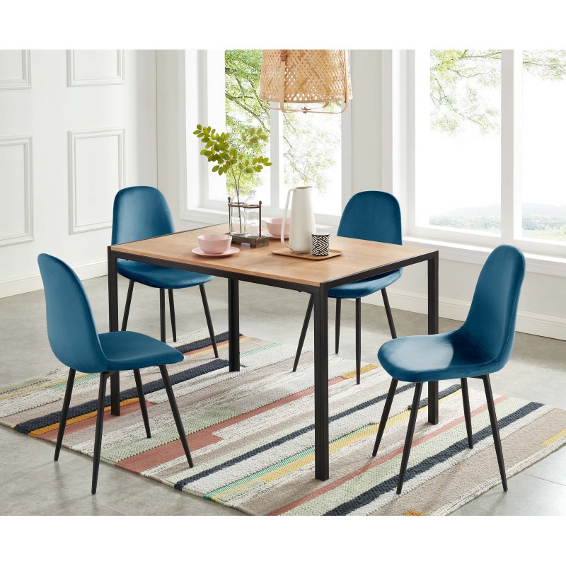 Lot de 4 chaises LENA velours bleu paon pieds métal noir