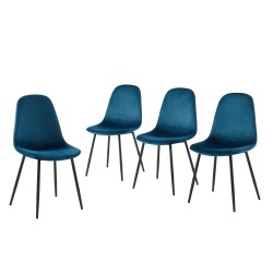 Lot de 4 chaises LENA velours bleu paon pieds métal noir