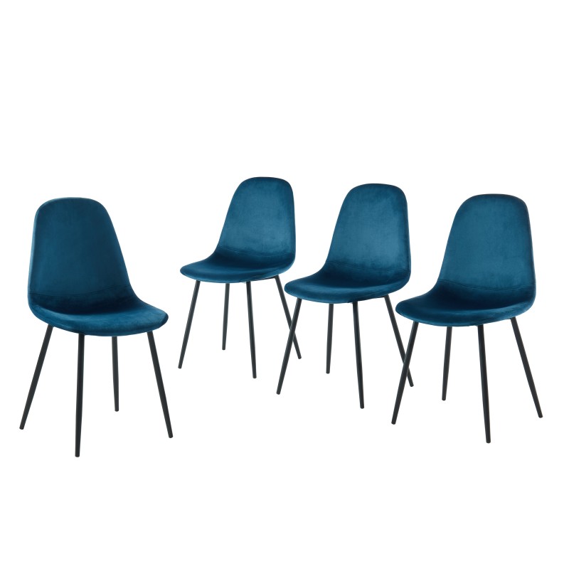 Lot de 4 chaises LENA velours bleu paon pieds métal noir