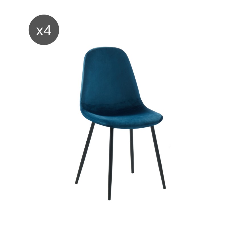 Lot de 4 chaises LENA velours bleu paon pieds métal noir