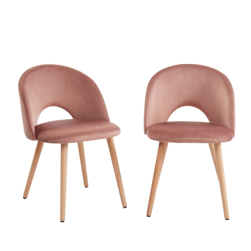 Lot de 2 chaises EUGENIE velours rose pieds hêtre massif