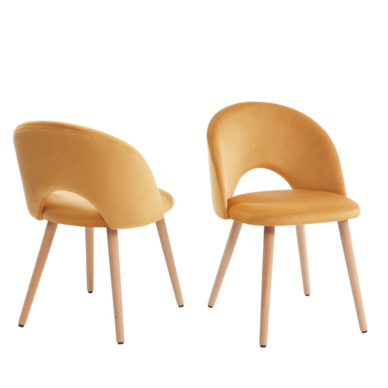 Lot de 2 chaises EUGENIE velours jaune pieds hêtre massif