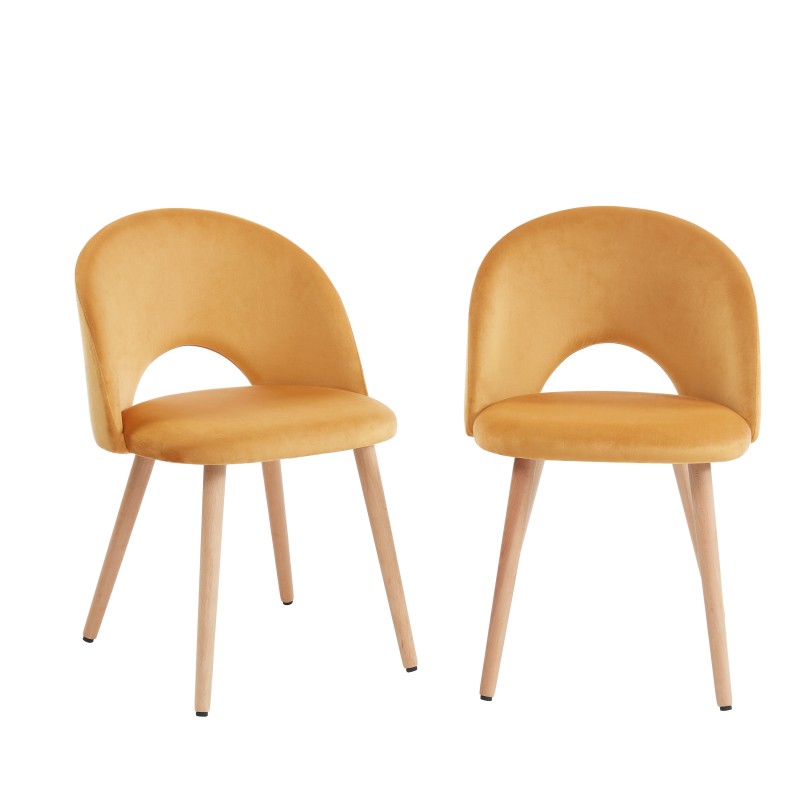 Lot de 2 chaises EUGENIE velours jaune pieds hêtre massif