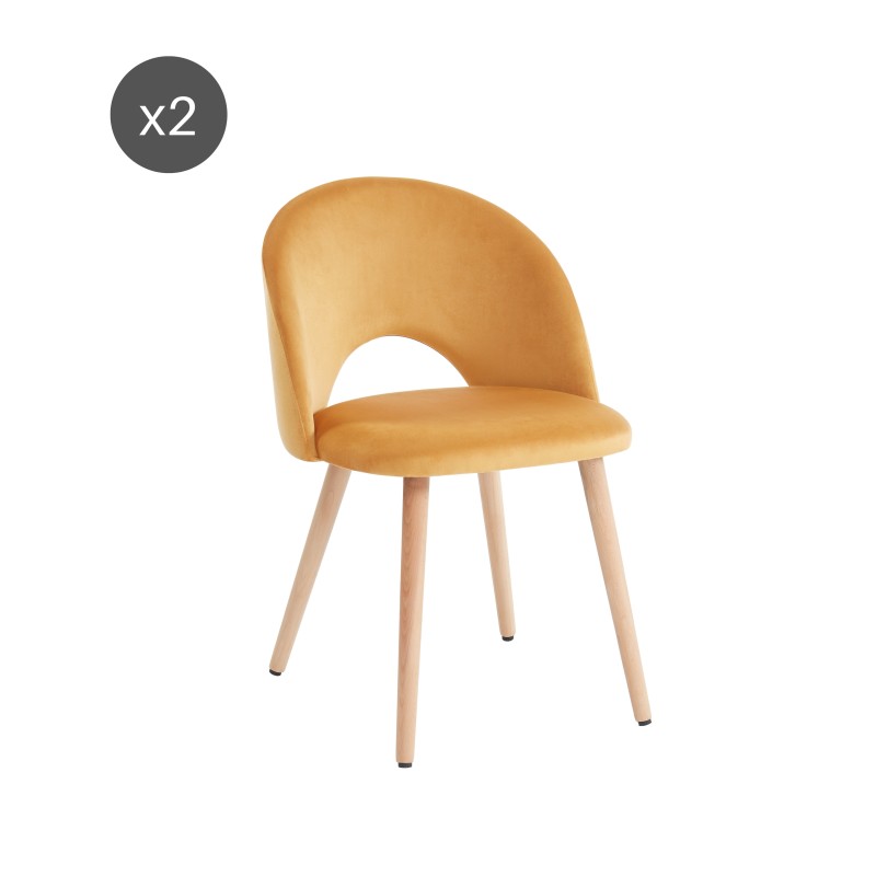 Lot de 2 chaises EUGENIE velours jaune pieds hêtre massif