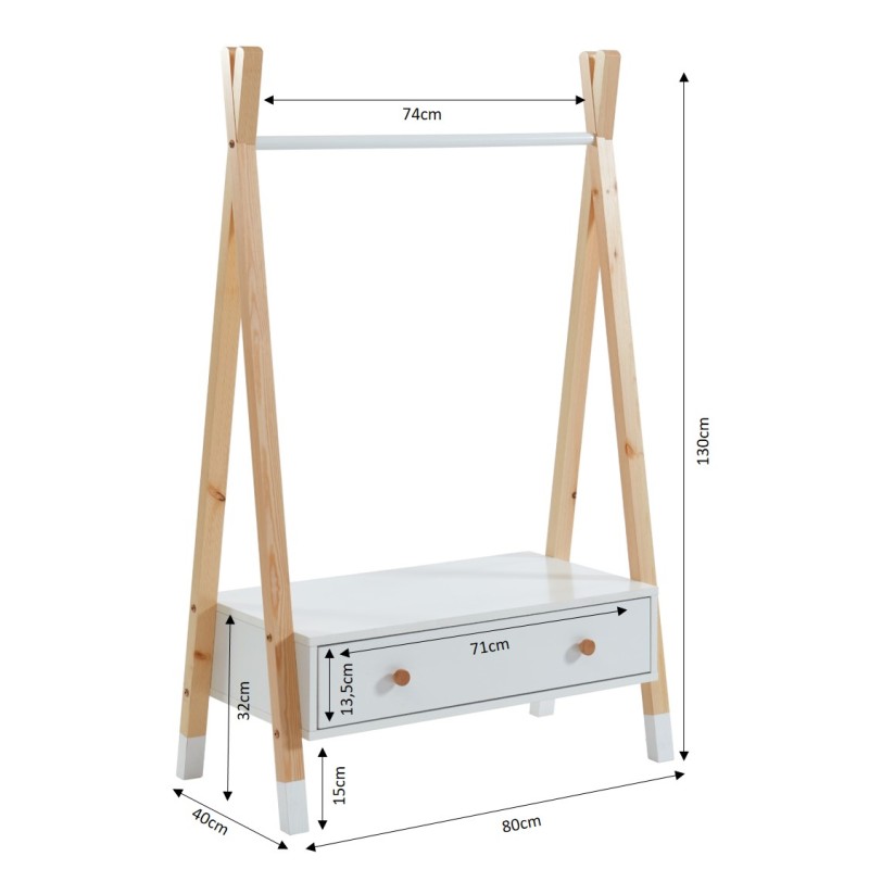 Portant TIPI blanc et pin massif 1 tiroir