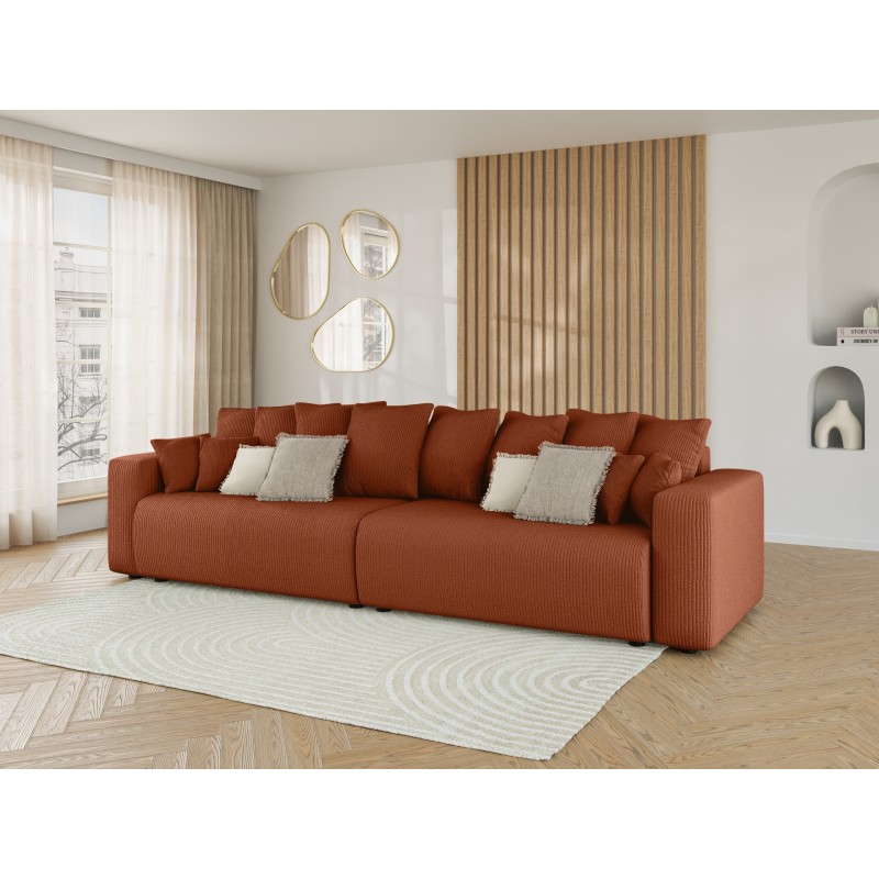 Canapé droit XL LEA convertible velours côtelé terracotta 3 places