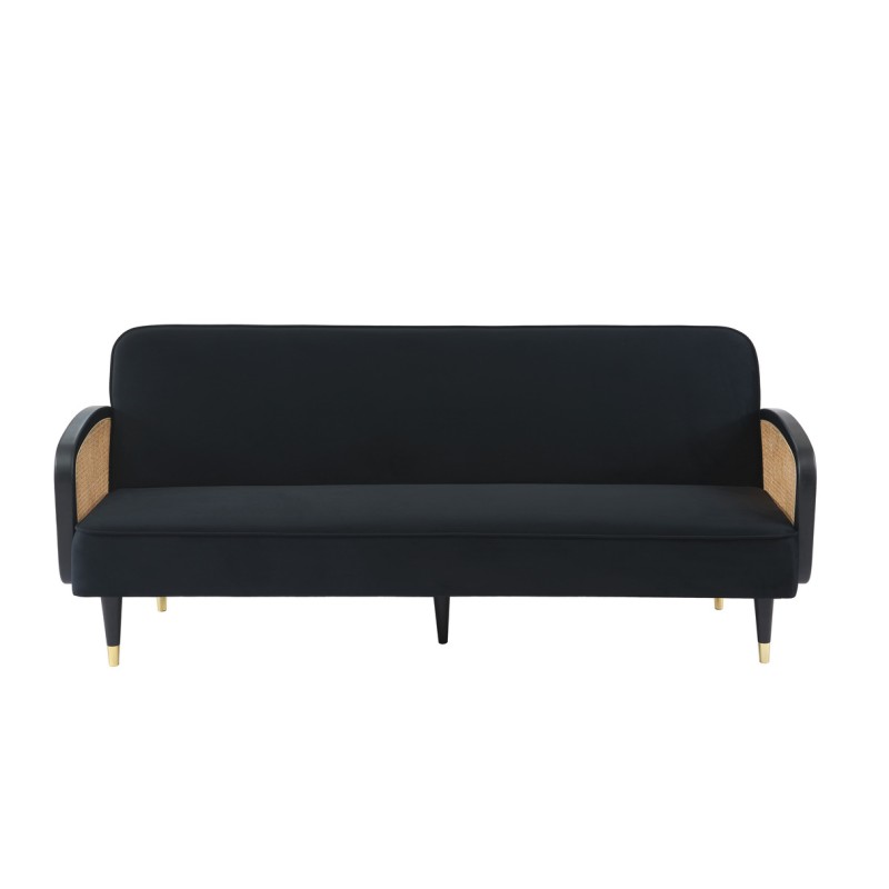 Canapé droit LEA convertible 3 places cannage et velours noir