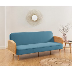 Canapé droit LEA convertible 3 places cannage et velours bleu