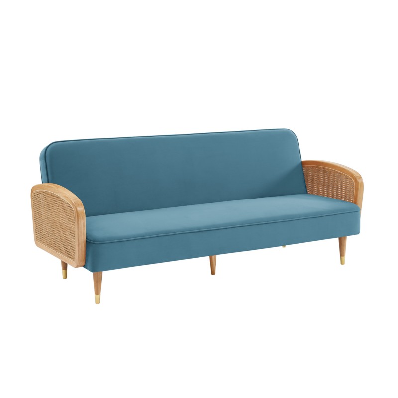 Canapé droit LEA convertible 3 places cannage et velours bleu