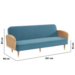 Canapé droit LEA convertible 3 places cannage et velours bleu