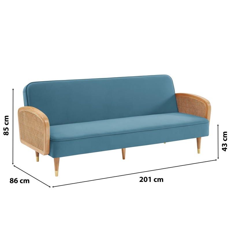 Canapé droit LEA convertible 3 places cannage et velours bleu