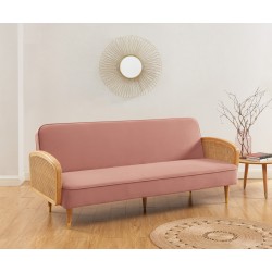 Canapé droit LEA convertible 3 places cannage et velours vieux rose