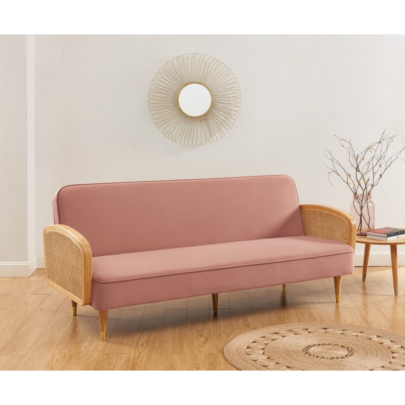 Canapé droit LEA convertible 3 places cannage et velours vieux rose
