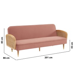 Canapé droit LEA convertible 3 places cannage et velours vieux rose