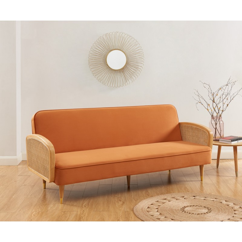 Canapé droit LEA convertible 3 places cannage et velours ocre