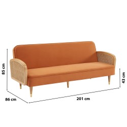 Canapé droit LEA convertible 3 places cannage et velours ocre