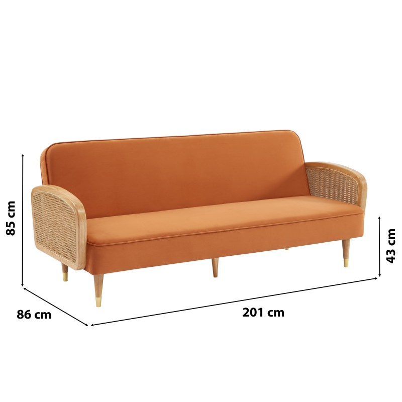 Canapé droit LEA convertible 3 places cannage et velours ocre