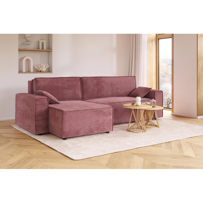 Canapé d'angle MARIUS convertible velours côtelé vieux rose