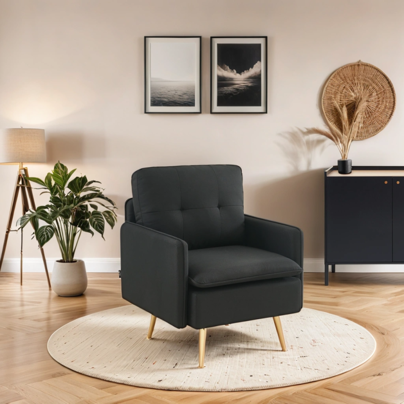 Fauteuil ADAM en tissu noir avec pieds en métal doré
