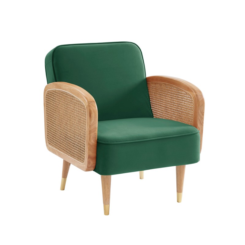 Fauteuil LEA cannage et velours vert avec piètement bois
