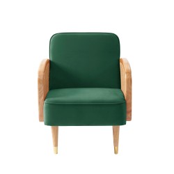 Fauteuil LEA cannage et velours vert avec piètement bois