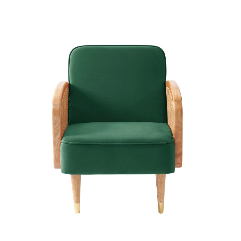 Fauteuil LEA cannage et velours vert avec piètement bois