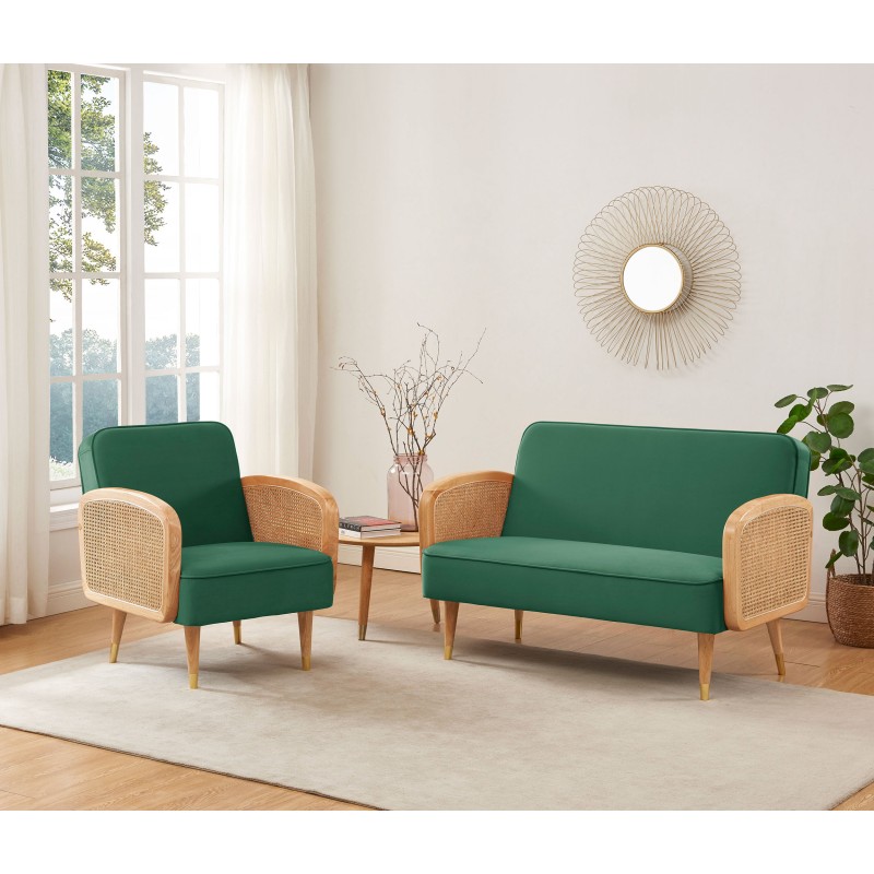 Fauteuil LEA cannage et velours vert avec piètement bois
