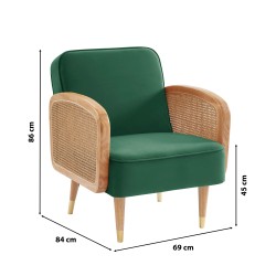 Fauteuil LEA cannage et velours vert avec piètement bois