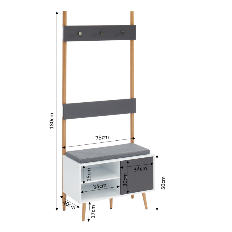 Vestiaire d'entrée ADELE gris anthracite et blanc 75cm