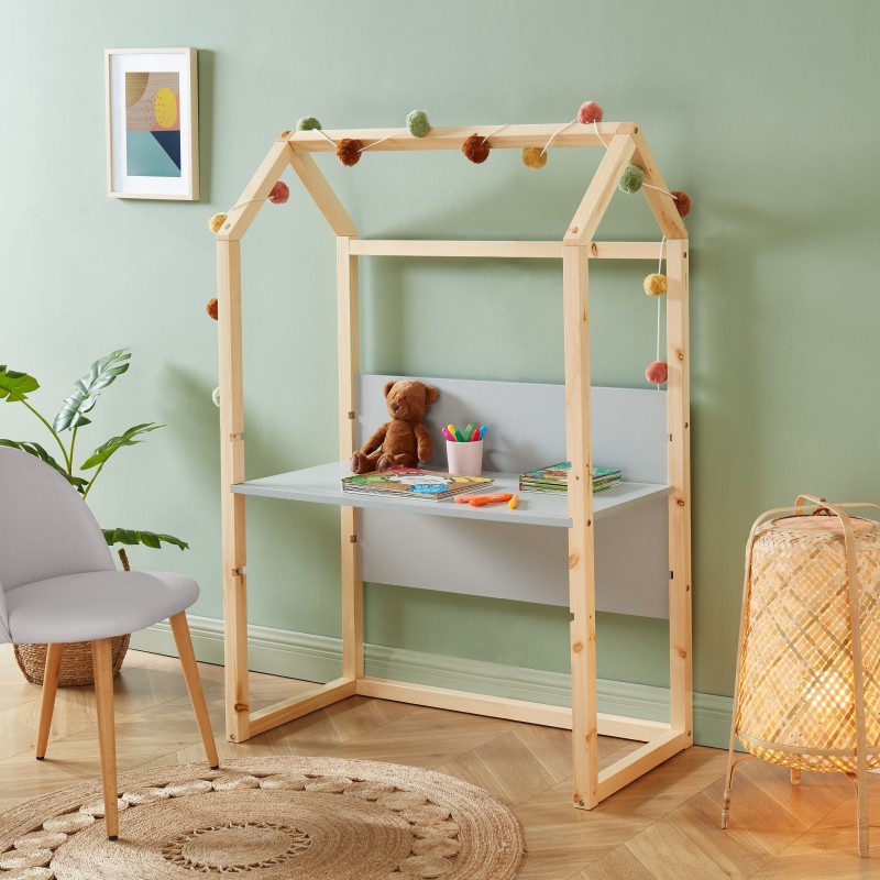 Bureau enfant cabane TINY gris et pin massif évolutif