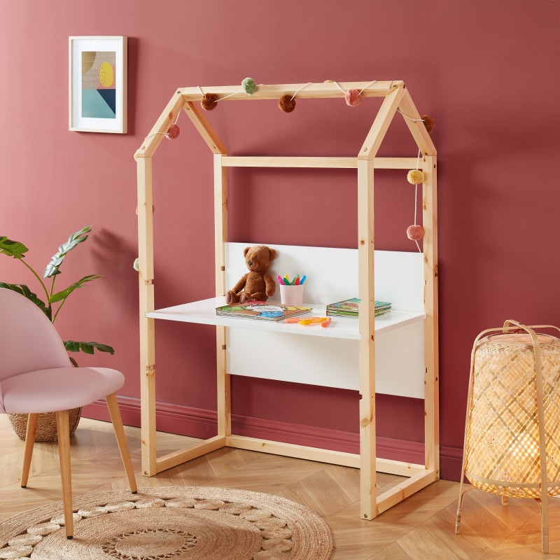Bureau enfant cabane TINY blanc et pin massif évolutif