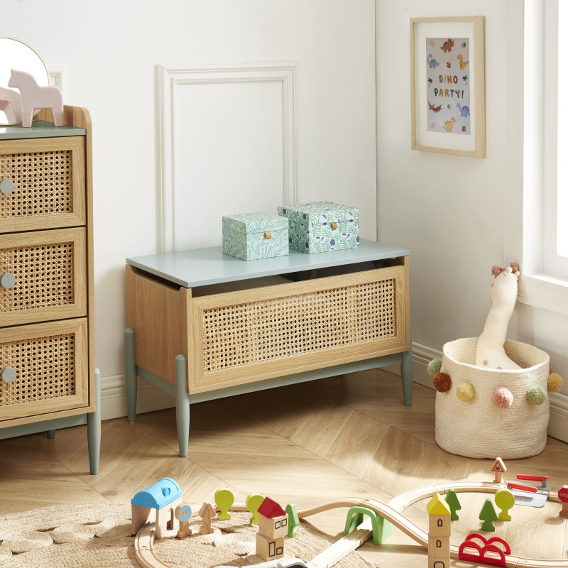 Coffre à jouet PABLO bleu et cannage rotin