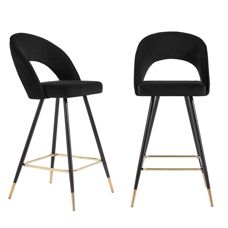 Lot de 2 tabourets BASILE en velours noir avec pieds noir et doré