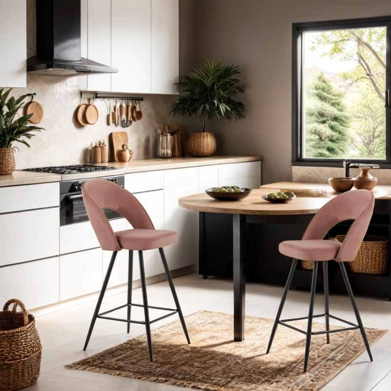 Lot de 2 tabourets BASILE en velours vieux rose avec pieds noir