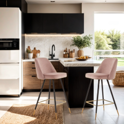 Lot de 2 tabourets EUGENE en velours vieux rose avec pieds noir et doré