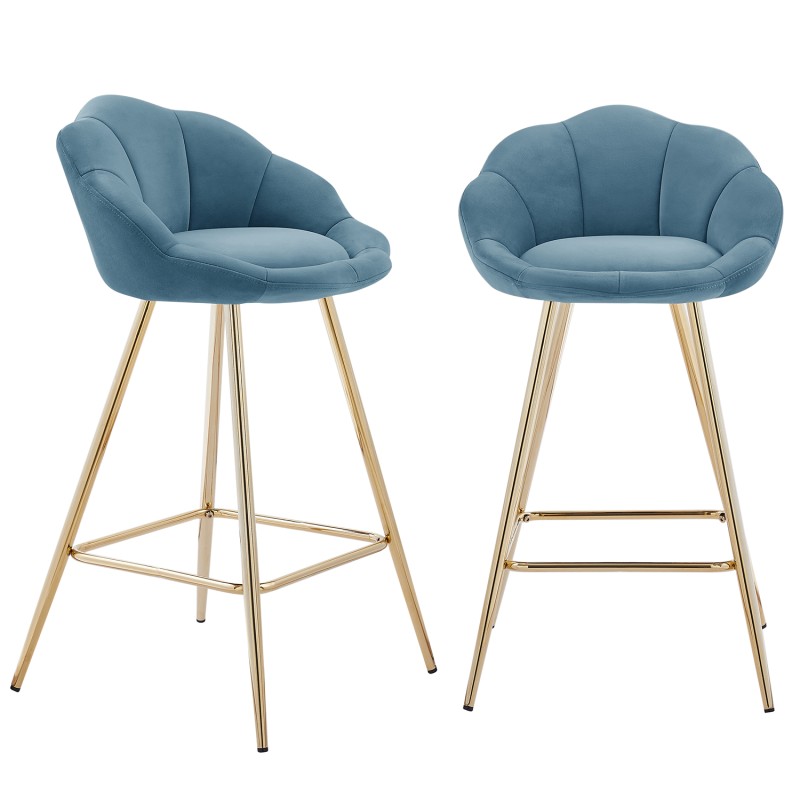 Lot de 2 tabourets CORAIL en velours bleu avec pieds dorés