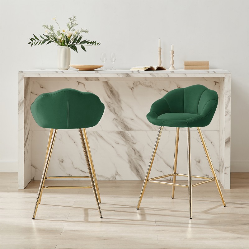 Lot de 2 tabourets CORAIL en velours vert sapin avec pieds dorés