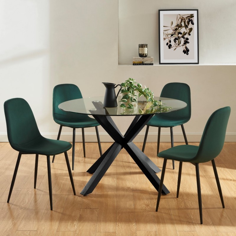 Lot de 4 chaises LENA velours vert foncé pieds métal noir
