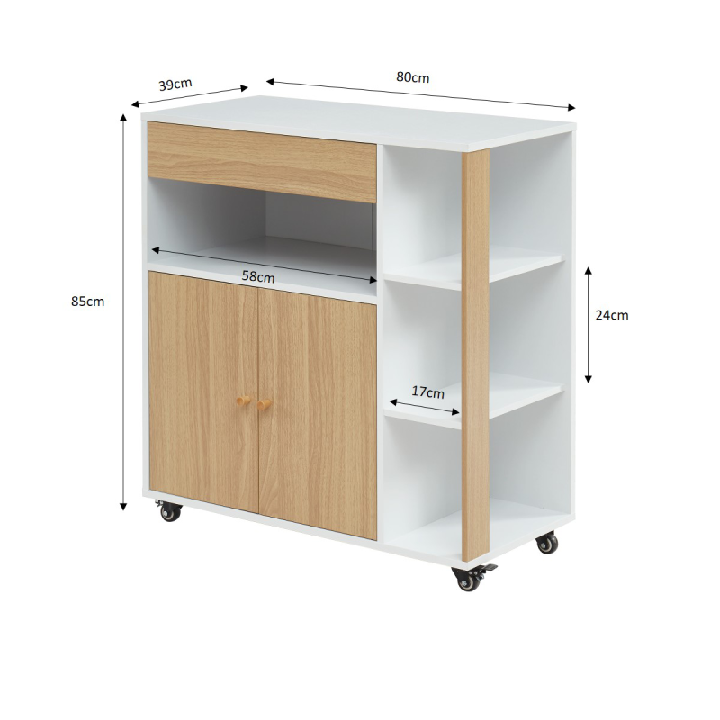 Desserte de cuisine MAX blanc et effet chêne 4 roulettes 80cm