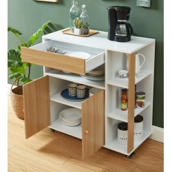 Desserte de cuisine MAX blanc et effet chêne 4 roulettes 80cm