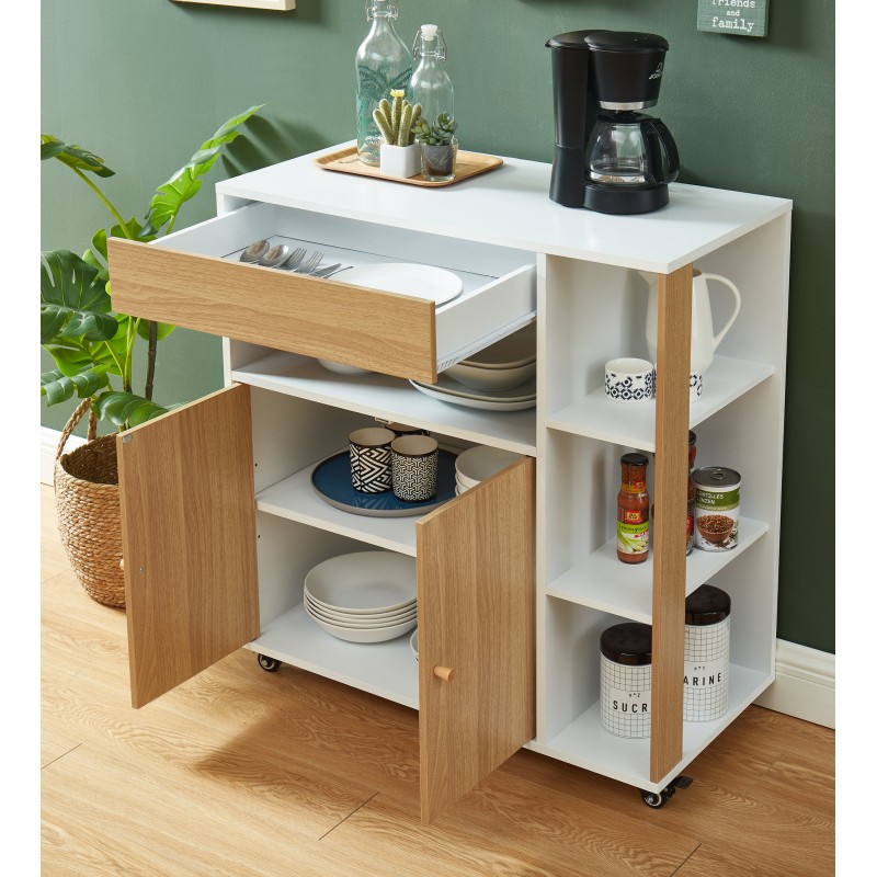 Desserte de cuisine MAX blanc et effet chêne 4 roulettes 80cm