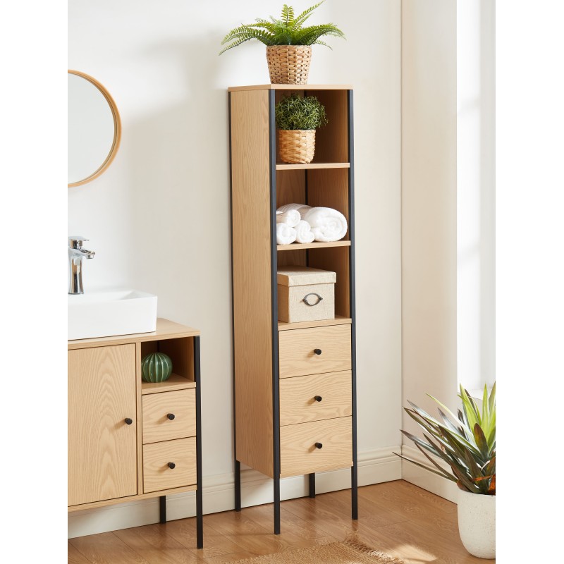 Colonne salle de bain ELLIOT coloris noir et effet bois