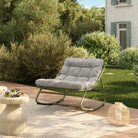 Fauteuil à bascule ANA en acier kaki et textilene kaki avec coussin gris