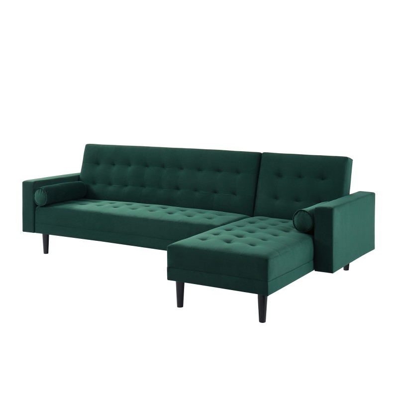 Canapé d'angle LUXURY convertible 4 Places en velours vert et pieds en bois avec angle réversible